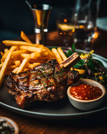 Grilled steak with french fries on a plate. Restaurant menu.の素材