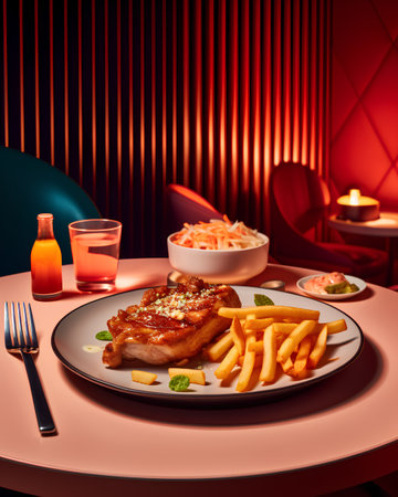 Grilled pork chop with french fries on a plate. 3d renderingの素材