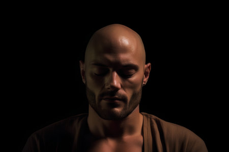 Portrait of a bald man on a black background. Studio shot.の素材