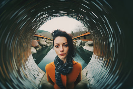 Portrait of a girl in a yellow sweater and scarf in a tunnelの素材