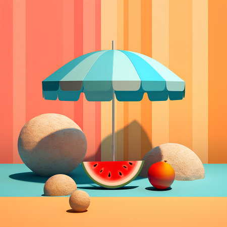 Summer background with tropical fruits and umbrella. 3d render illustration.の素材