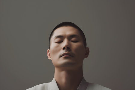 Young asian man with closed eyes, isolated on grey background.の素材