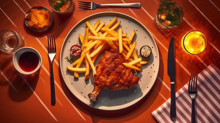 Grilled chicken leg with french fries on a plate. Top view.の素材