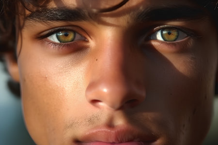 Close-up portrait of a beautiful young man with green eyes.の素材