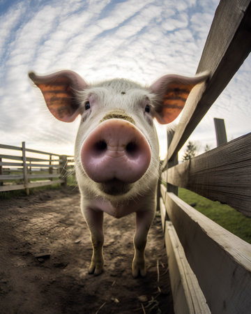 Portrait of a pig in a paddock in the Netherlands.の素材