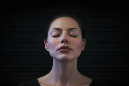 Beautiful young woman with closed eyes on dark background. 3d renderingの素材