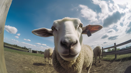 Sheep looking out of a fence in a farm with blue skyの素材