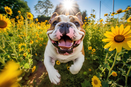 English bulldog running in a field of sunflowers in summerの素材