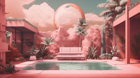 3d render of a garden with a bench and a tropical islandの素材