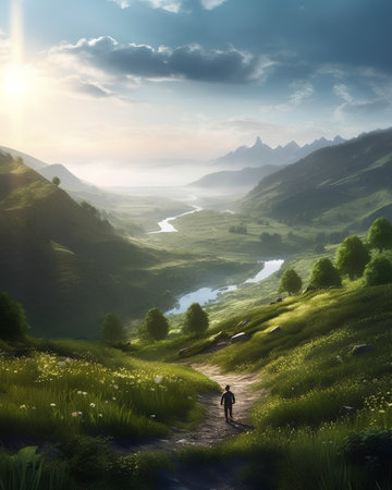 Beautiful summer landscape with a man on the path to the mountainの素材
