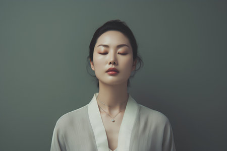 beautiful asian woman with closed eyes on grey background, asian modelの素材