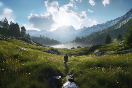 Beautiful summer landscape in the mountains with a man and a lakeの素材