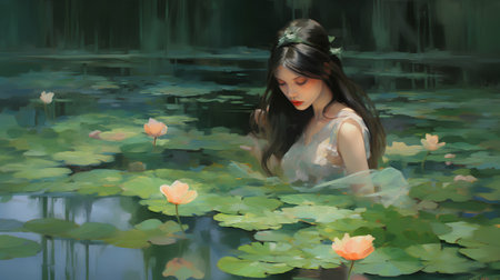 Beautiful girl in a pond with lotus flowers. Digital painting.の素材