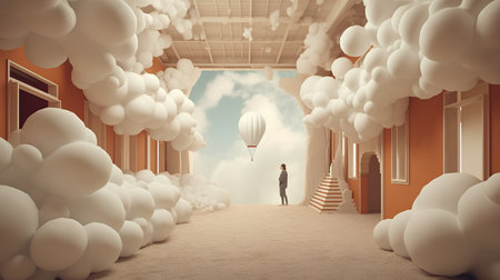Conceptual image of businesswoman standing in front of opened door and balloons flying over herの素材