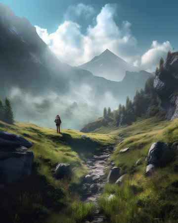 Beautiful mountain landscape with a man standing on a path and enjoying the viewの素材