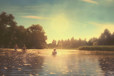 Vintage photo of little boy swimming in a lake at sunset.の素材