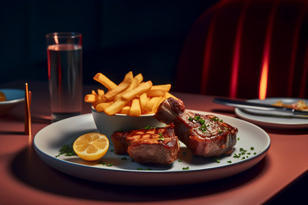 Grilled beef steak with french fries on a plate in a restaurantの素材