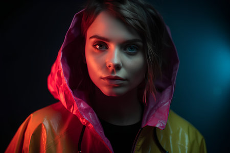 Portrait of a young woman in a raincoat. Studio shot.の素材