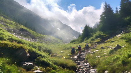 Hikers on a trail in the mountains. Caucasus, Russia.の素材