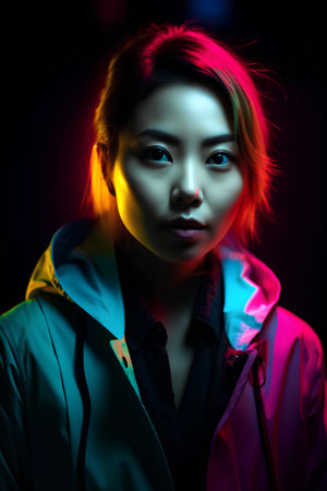 Portrait of a beautiful young asian woman in neon light.の素材