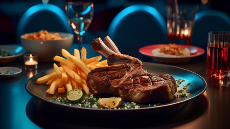 Grilled beef steak with french fries and lime on a blue backgroundの素材