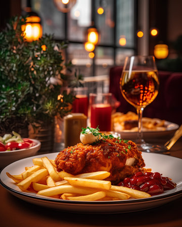 Fried chicken legs with french fries and tomato sauce on a plateの素材
