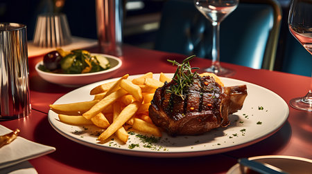 Beef steak with french fries on the table in a restaurant.の素材