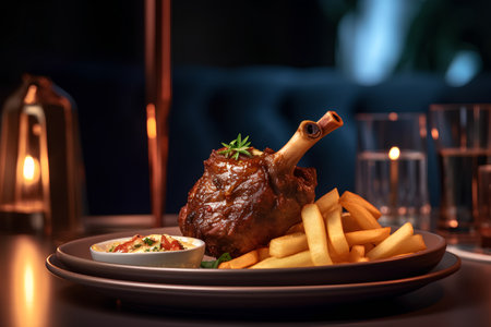 roasted duck leg with french fries and sauce on a dark backgroundの素材