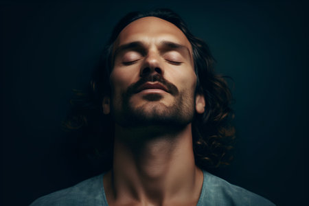 Portrait of a handsome young man with closed eyes on dark backgroundの素材