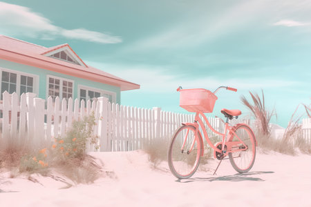 3d rendering of a pink vintage bicycle on the beach near the houseの素材