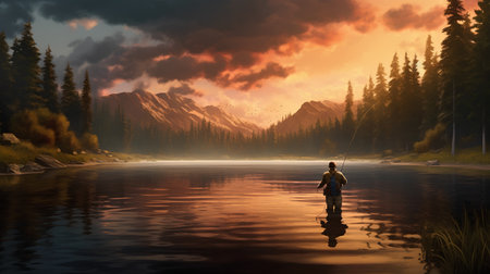 Fisherman on the lake at sunset. 3D rendering.の素材