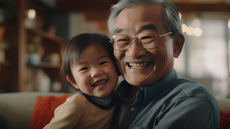 Happy Asian grandfather and granddaughter sitting on sofa in living room at homeの素材