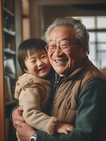 Portrait of an Asian grandfather with his grandson at home. Grandfather's day concept.の素材