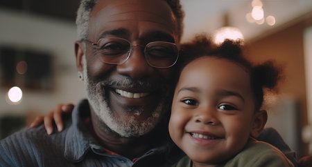 Portrait of a smiling African American grandfather with his granddaughter at homeの素材