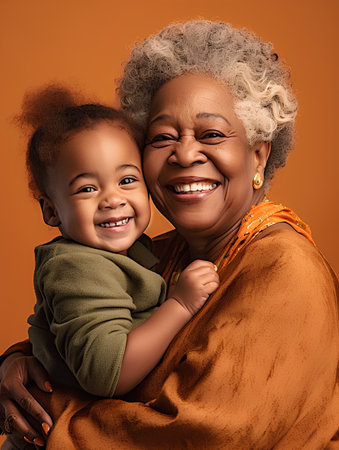 Happy african american grandmother with her grandchild on orange backgroundの素材
