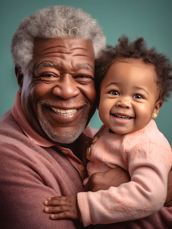 Portrait of a smiling African-American grandfather with his granddaughter.の素材