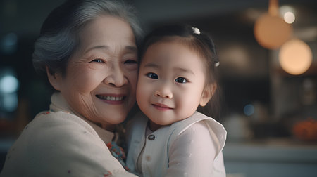 Portrait of asian grandmother and granddaughter hugging each other at homeの素材