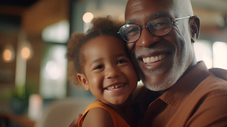 Portrait of a smiling African-American grandfather and his grandchild at homeの素材