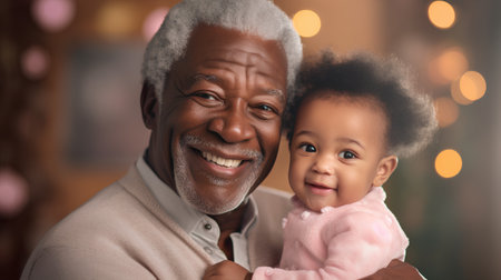 Portrait of happy African American grandfather with his grandchild at homeの素材