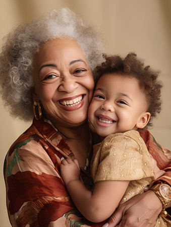 Portrait of happy African American grandmother and grandchild. Grandmother and granddaughter smiling.の素材