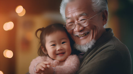 Portrait of happy asian senior man with his granddaughter at homeの素材