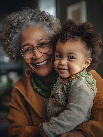 Portrait of smiling african american grandmother and granddaughter at homeの素材
