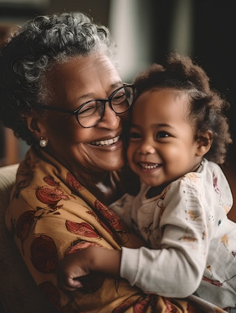 Portrait of a smiling senior woman and her grandchild at homeの素材