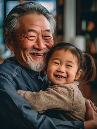 Happy asian grandfather and his little daughter hugging and smiling at homeの素材