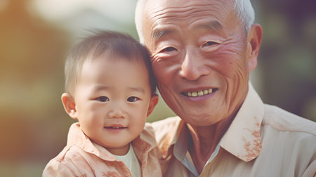 Portrait of happy asian grandfather and his grandson looking at cameraの素材