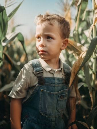 Portrait of a cute little boy in a corn field. The concept of farming and agriculture.の素材