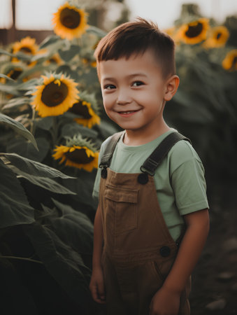 Portrait of a smiling little boy in a sunflower field.の素材