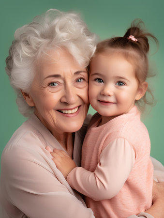 Portrait of a smiling grandmother with her granddaughter on a green background.の素材