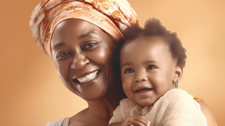 Portrait of happy african american mother and daughter on yellow backgroundの素材