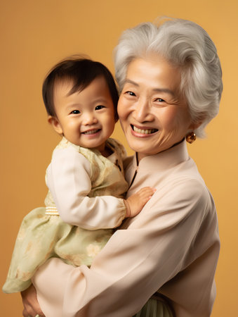 Happy asian senior woman with her grandchild on a yellow backgroundの素材